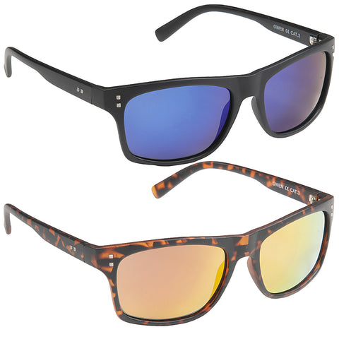 Two pairs of sunglasses are displayed with one pair having a black frame and blue lenses and the other with a tortoiseshell frame and orange lenses detailed with small branding text inside the arms.