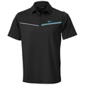 A black polo shirt with a buttoned collar features a light blue horizontal stripe across the chest and a logo at the left side, suitable for casual or athletic wear.