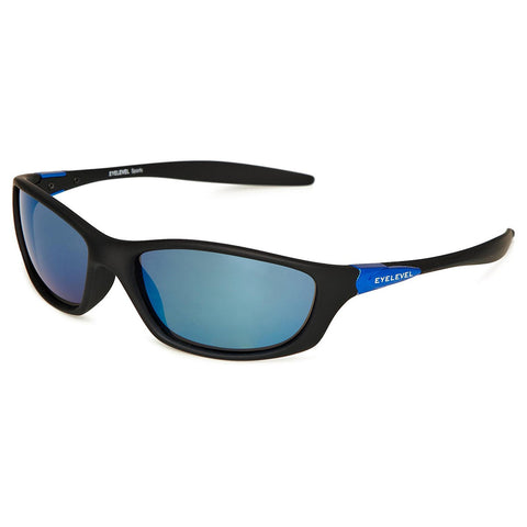 Sunglasses with a sleek black frame and blue accents rest at an angle showing reflective lenses ideal for sun protection typically used outdoors or during sports activities.