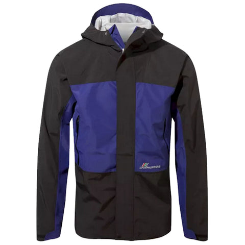 A jacket made of waterproof material features a color-block design with a purple upper section and black lower section. It has a hood and is suitable for outdoor conditions.