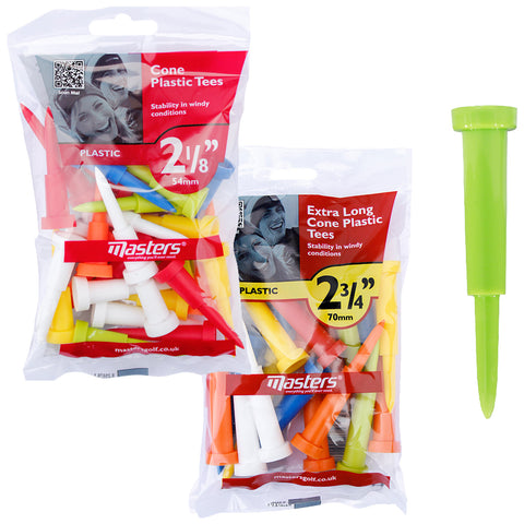 Colorful plastic golf tees are displayed in two clear bags with product descriptions and specifications. One bag contains tees of 2.4 inches while the other has extra long 2.75 inch tees.