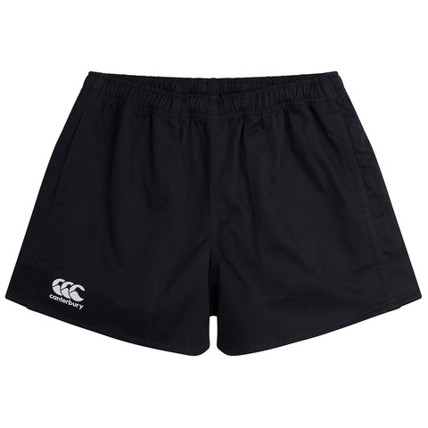 Black athletic shorts are displayed flat with an elastic waistband and side pockets showcasing the Canterbury logo on the lower left side against a simple background