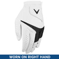 A white golf glove with a black mesh section is positioned upright displaying its palm side indicating it is meant to be worn on the right hand