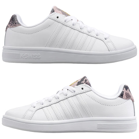 White sneakers with textured pink and black heel accents are displayed side by side showcasing their sleek design and lace-up front in a studio setting.