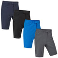 Four pairs of shorts in navy blue black bright blue and gray are displayed side by side showcasing their color variations and design features suitable for casual wear or outdoor activities.