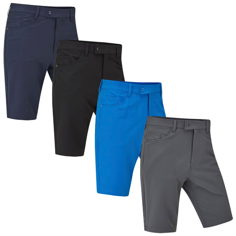 Four pairs of shorts in navy blue black bright blue and gray are displayed side by side showcasing their color variations and design features suitable for casual wear or outdoor activities.