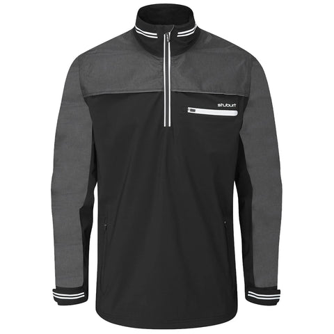 A black and grey jacket features a high collar and quarter zip with white accents. It includes a front pocket and is set against a plain background.