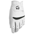 A white golf glove is positioned upright showcasing its smooth leather surface and ventilation holes. The glove is designed for enhanced grip and comfort during play on a golf course.