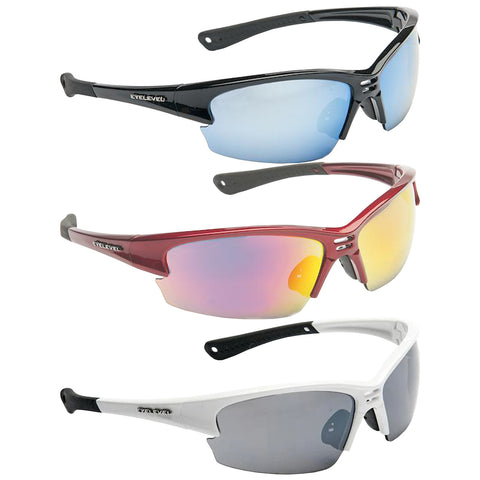 Sunglasses in three colors black red and white are displayed with blue mirrored red gradient and dark gray lenses showcasing sporty design with curved frames and rubber tips ideal for outdoor activities.