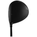 A black golf club driver is positioned upright showcasing its curved head and sleek design emphasizing its aerodynamic features against a plain white background.