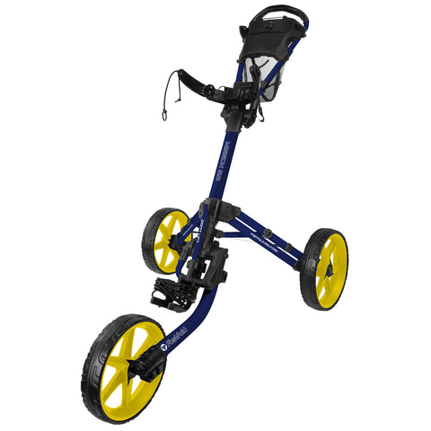 A three-wheeled golf cart features a blue frame and yellow wheels with a holder for a golf bag. It is designed for easy transport on golf courses.