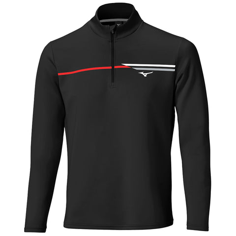 A black long-sleeve athletic pullover features a zippered neck design with a white and red striped pattern across the chest displaying a logo on the left side