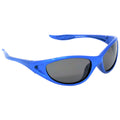 Blue sunglasses are displayed with dark lenses positioned at an angle on a plain background. There are no additional elements or context provided in the surroundings.