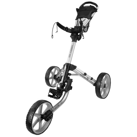 A red golf push cart stands upright with three large wheels. It features a handle for steering and a mesh pocket. The cart is designed for transporting golf clubs on the course.