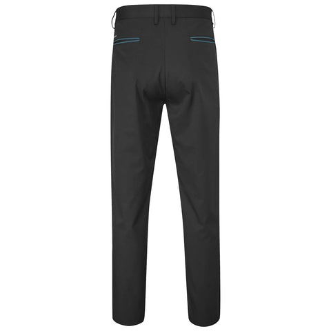 Black trousers are displayed from the back showcasing a fitted design with two pockets outlined in blue creating a sleek and modern appearance against a plain background.