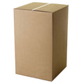 A tall brown cardboard box stands upright with sealed flaps on top indicating it's ready for shipping or storage in a neutral indoor environment.