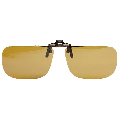 Sunglasses with yellow lenses are positioned upright with a metal clip in the center stabilizing them for display against a plain white background.