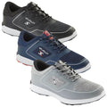 Stuburt Mens XP II Golf Shoes Three pairs of sneakers are displayed. Each pair features a different color scheme: black and gray, navy blue, and light gray. The shoes are designed for sporty activities in a neutral setting.