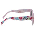 Colorful sunglasses are positioned sideways showcasing their floral-patterned arms with pink and blue flowers on a light background in a neutral setting.