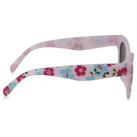 Colorful sunglasses are positioned sideways showcasing their floral-patterned arms with pink and blue flowers on a light background in a neutral setting.