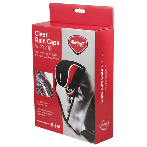 A clear rain cape for golf clubs is displayed in a red and silver packaging featuring a zip for easy access. It provides wet weather protection for golf equipment. Text includes features and brand details.