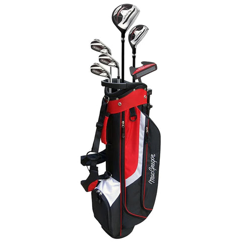 A golf bag contains various clubs arranged at the top and is standing upright against a neutral background featuring black red and white colors with zippers and straps for carrying.