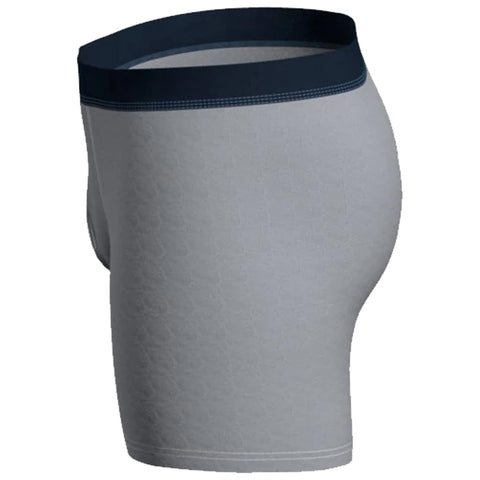 Gray boxer briefs are displayed showing a smooth texture and a dark waistband the garment is positioned to emphasize its fit and design