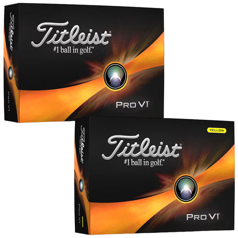 Two boxes of Titleist Pro V1 golf balls are displayed with a black background and an orange swirl design The box is labeled with the text #1 ball in golf and features a yellow highlight on one box.