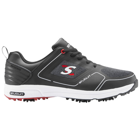 A black sports shoe features a textured gray tongue and red accents with a waterproof label. It has a durable sole designed for traction on various surfaces, ideal for athletic use.