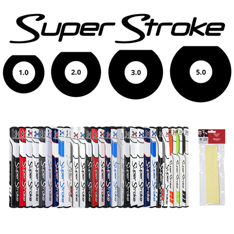 A variety of golf putter grips labeled Super Stroke are displayed horizontally while five circular sizes labeled 1.0 2.0 3.0 and 5.0 are positioned above them alongside a pack of grip tape.