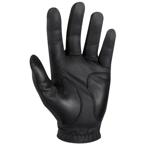 A black leather glove is positioned with fingers extended showcasing a smooth texture and seams on the palm suggesting its use for protection or grip in various tasks.