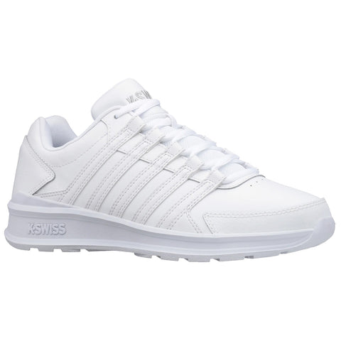 A white athletic shoe features a sleek design with multiple laces and a cushioned sole showcasing the brand name on the side suitable for casual wear or sports activities.