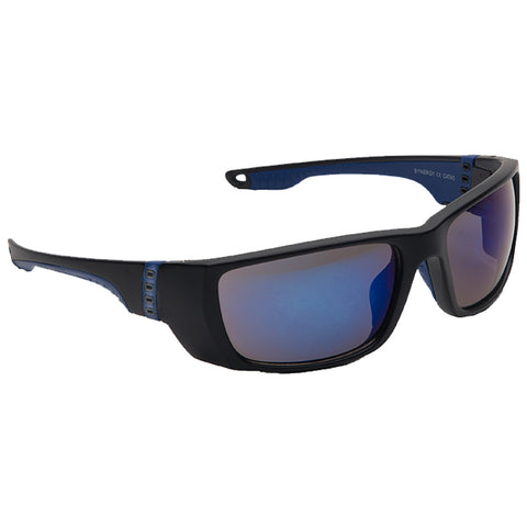 Black and blue sunglasses are positioned at an angle displaying mirrored lenses that reflect light suggesting they are designed for outdoor use in bright conditions.