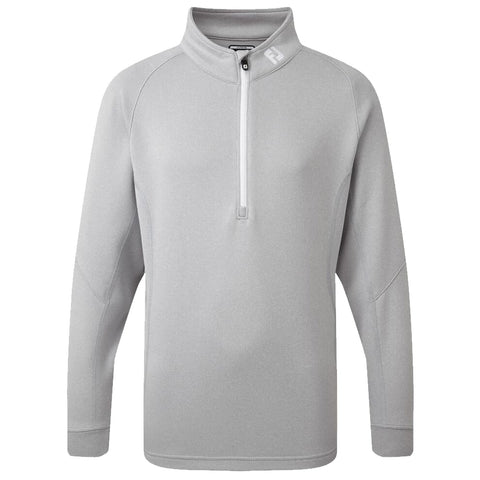 A light gray long-sleeve pullover features a half-zip neckline and raglan sleeves. It is designed for comfortable wear in casual or athletic settings, showcasing a sporty aesthetic.