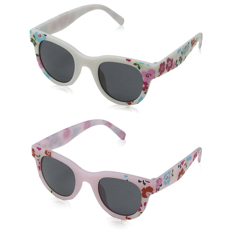 Eyelevel Kids Tilly Sunglasses Two pairs of stylish sunglasses are displayed with floral patterns the top pair is white with colorful flowers and the bottom pair is pink also featuring a floral design both have dark lenses.