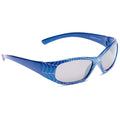 Blue sunglasses with a spider web design rest on a plain background showcasing a playful and themed accessory suitable for children or fans of superhero motifs.