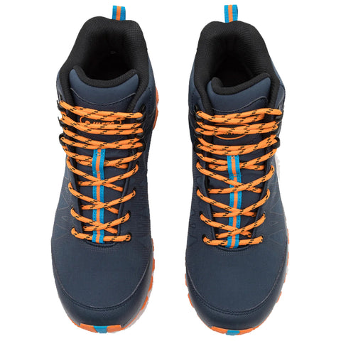 A black hiking boot is positioned at an angle showcasing its sole and ankle support while blue accents highlight laces and logo against a neutral background representing outdoor gear.