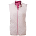 A sleeveless light-colored vest hangs front-facing with a pink interior and a central zipper. It is made of a smooth material and features a subtle logo on the front.