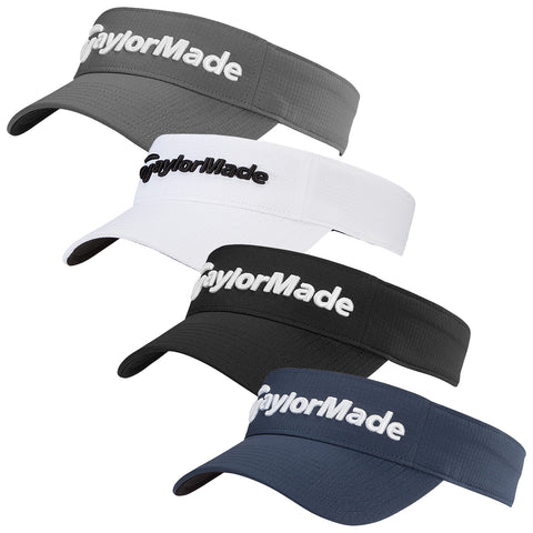 Four visors are displayed in a row featuring the TaylorMade logo prominently on the front. The visors are in dark gray, white, black, and blue colors with a sporty design.