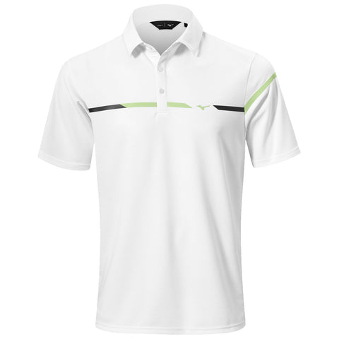 A white polo shirt features a buttoned collar horizontal stripes in black and green across the chest showcasing a sleek athletic design suitable for casual or sporty settings.