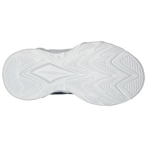 A white sneaker sole rests flat displaying intricate tread patterns and the brand name Skechers embossed in the center with a non-marking label indicating its intended use