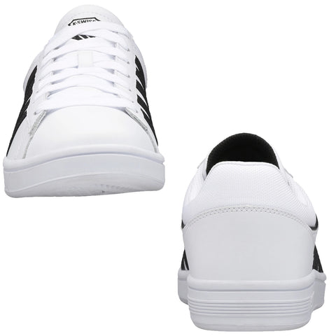 White sneakers with black accents sit upright on a plain background displaying a front and back view emphasizing their design and lacing structure without any additional context or setting.