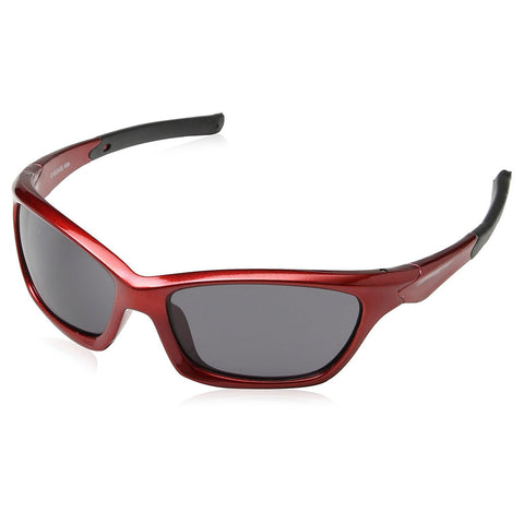 Sunglasses are displayed with a shiny red frame and dark lenses positioned at an angle to show their sleek design and glossy finish against a neutral background