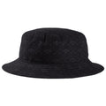 A black bucket hat featuring a subtle pattern of golf clubs and a logo is positioned upright showcasing its wide brim and soft fabric ideal for outdoor activities.