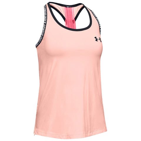 A pink athletic tank top with black trim and branding along the straps hangs on display showcasing a sporty design suitable for workouts or casual wear.