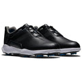 Black golf shoes feature a sleek design with perforated detailing and contrasting white soles. The shoes are arranged side by side, suitable for performance on the golf course.