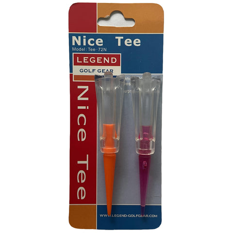 A golf tee set is displayed in a packaging featuring two different colored tees one orange and one purple both encased in clear plastic with branding and product details visible.