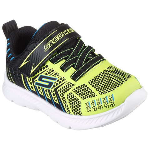 Bright green and black sports shoe with a mesh design laces and a Velcro strap sits on a white surface showcasing its lightweight construction and sporty style perfect for active wear.