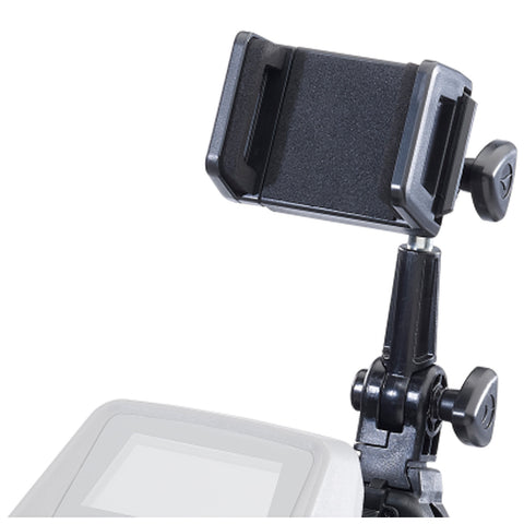 A black smartphone holder is mounted on an adjustable arm attached to a base with a sleek gray surface showcasing a flat screen or panel beneath it.