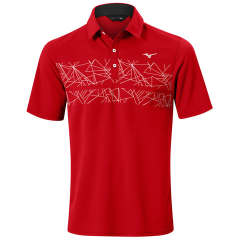 A red polo shirt features a white abstract graphic pattern across the chest. It has a traditional collar with buttons and is designed for casual or athletic wear.